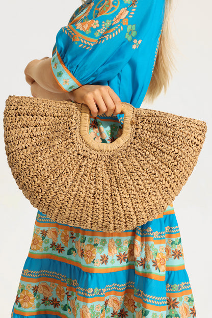 Bolso grande de paja hecho a mano con forma de luna 