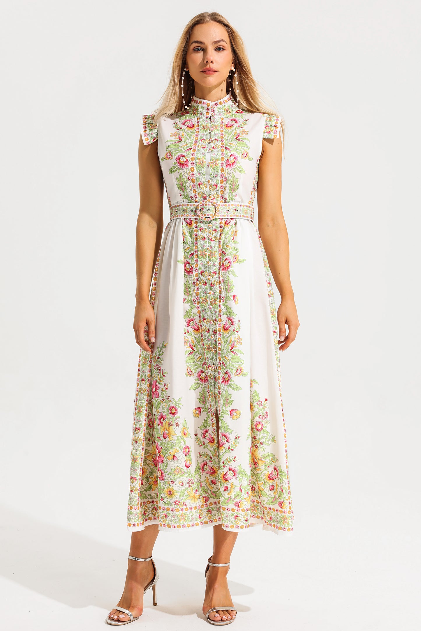 Floral Stand Collar Sleeveless Button Midi Dress With Belt