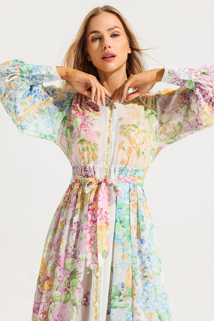 Vestido midi floral de manga larga con cinturón 