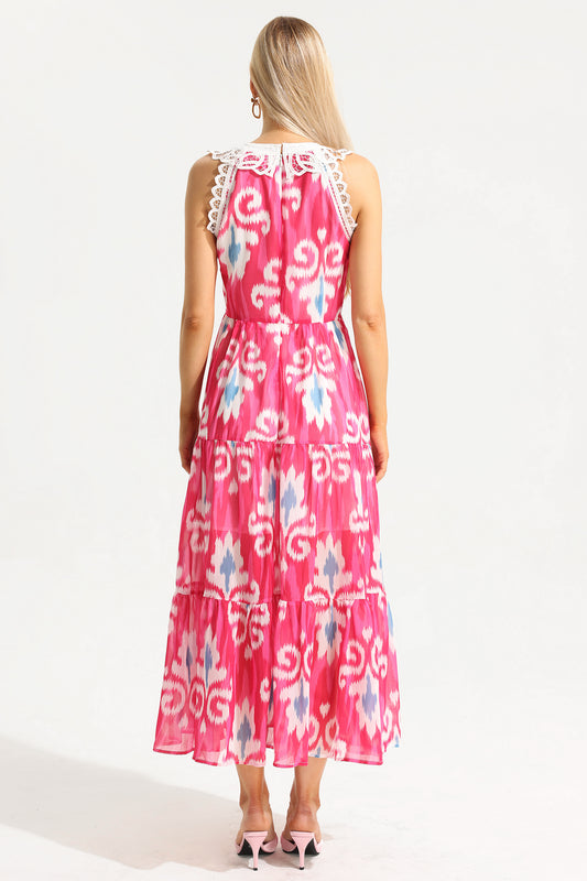 Lace Abstract Print Sleeveless Round Neck Midi Dress