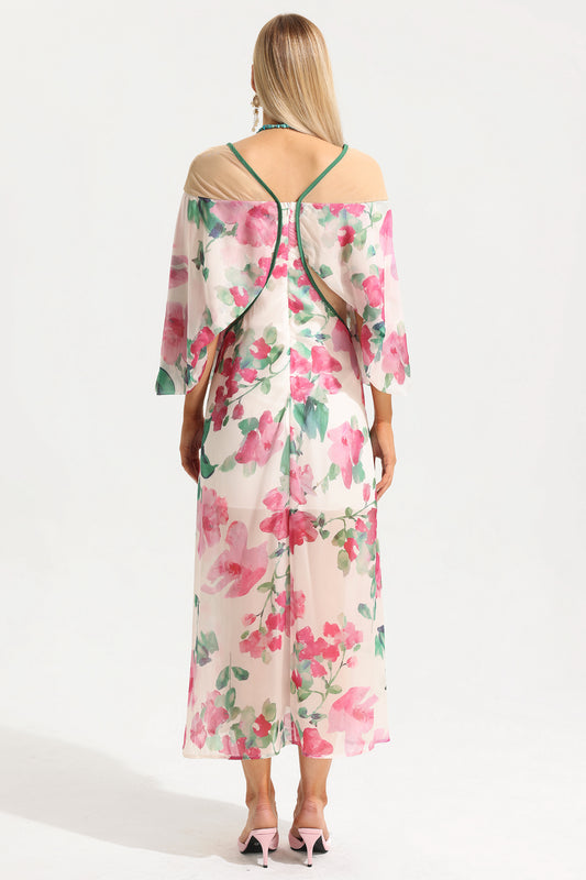Vestido midi floral con escote en V y mangas farol 