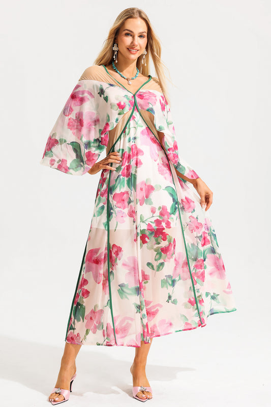 Vestido midi floral con escote en V y mangas farol 