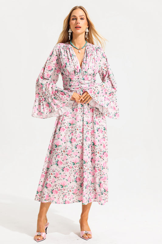 Vestido midi floral con escote en V y mangas abullonadas 