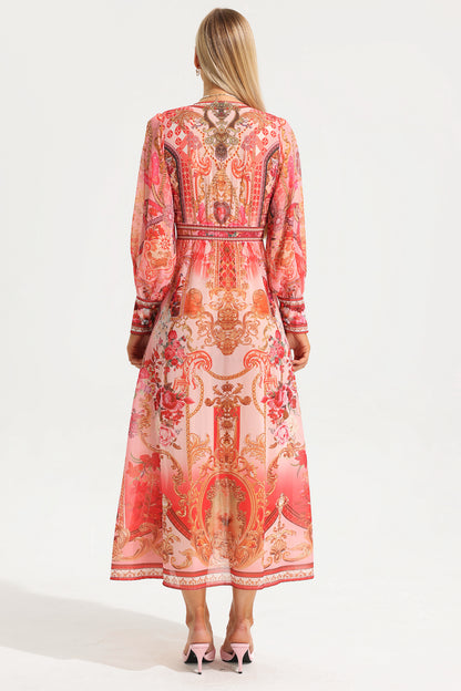 Paisley Print V-Neck Lantern Sleeve Midi Dress