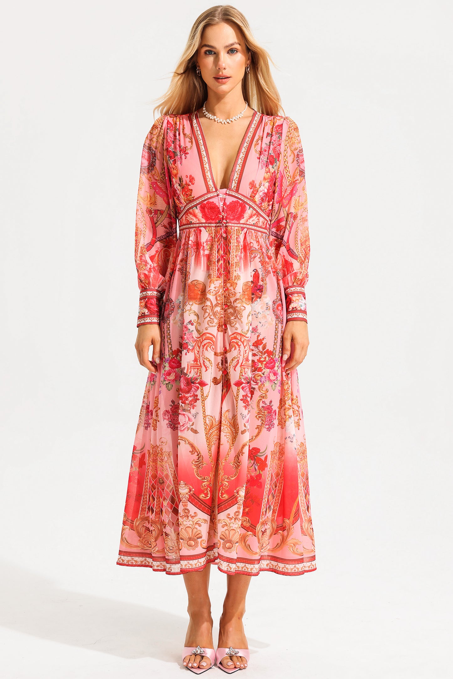 Paisley Print V-Neck Lantern Sleeve Midi Dress