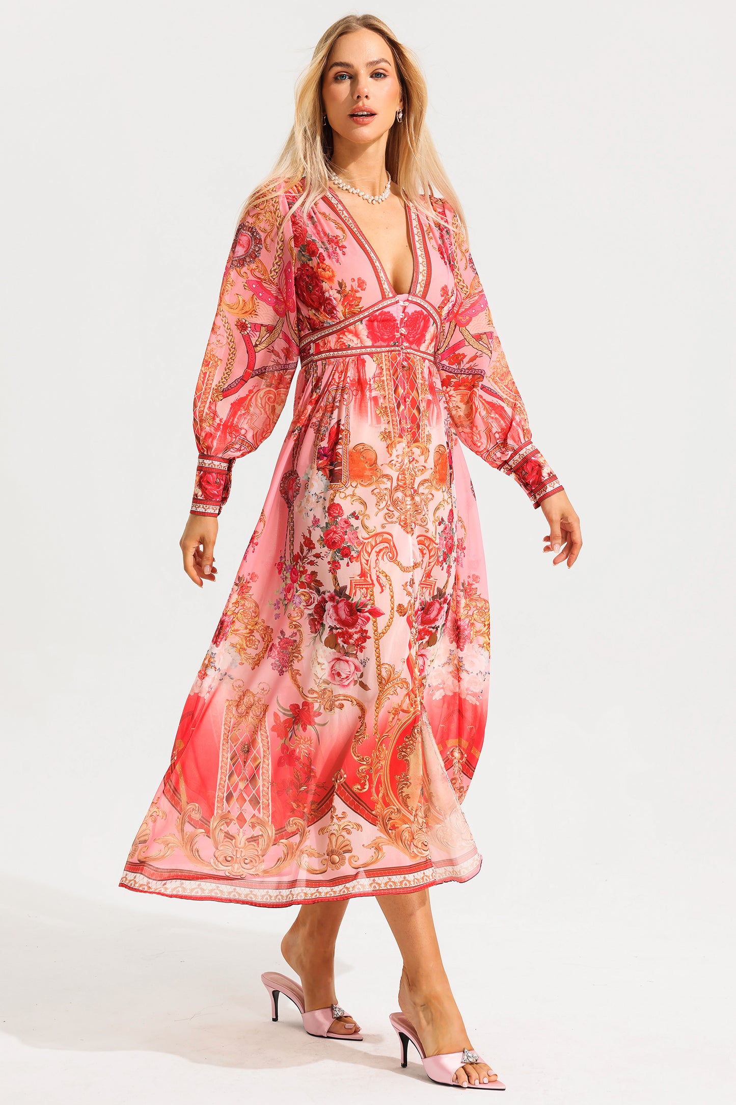 Paisley Print V-Neck Lantern Sleeve Midi Dress