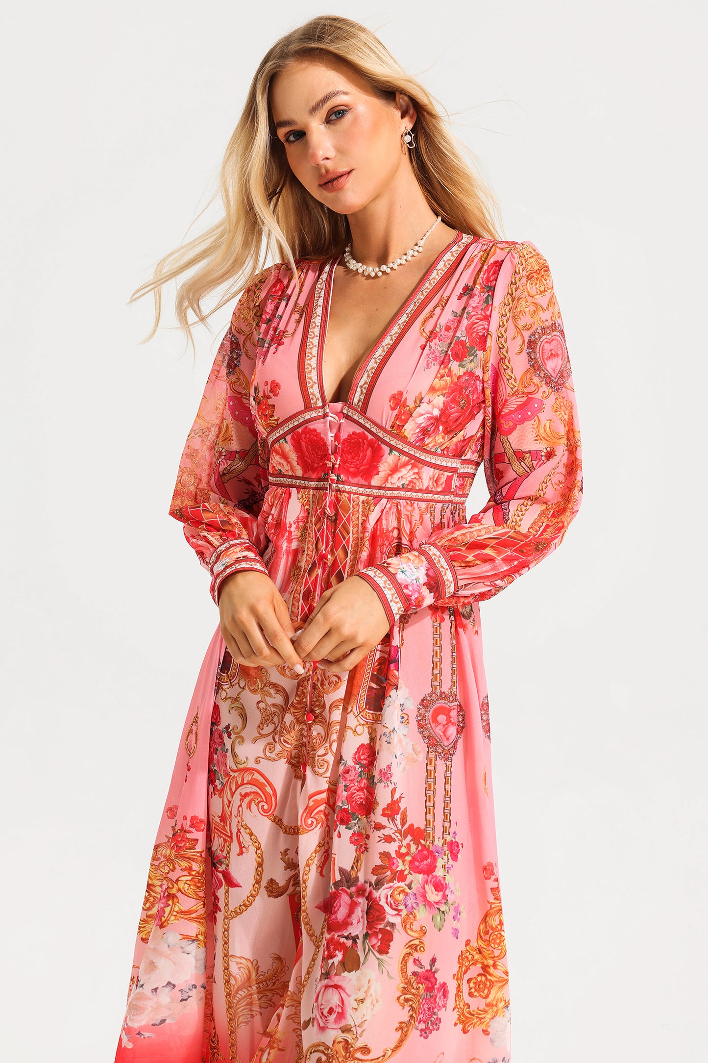 Paisley Print V-Neck Lantern Sleeve Midi Dress