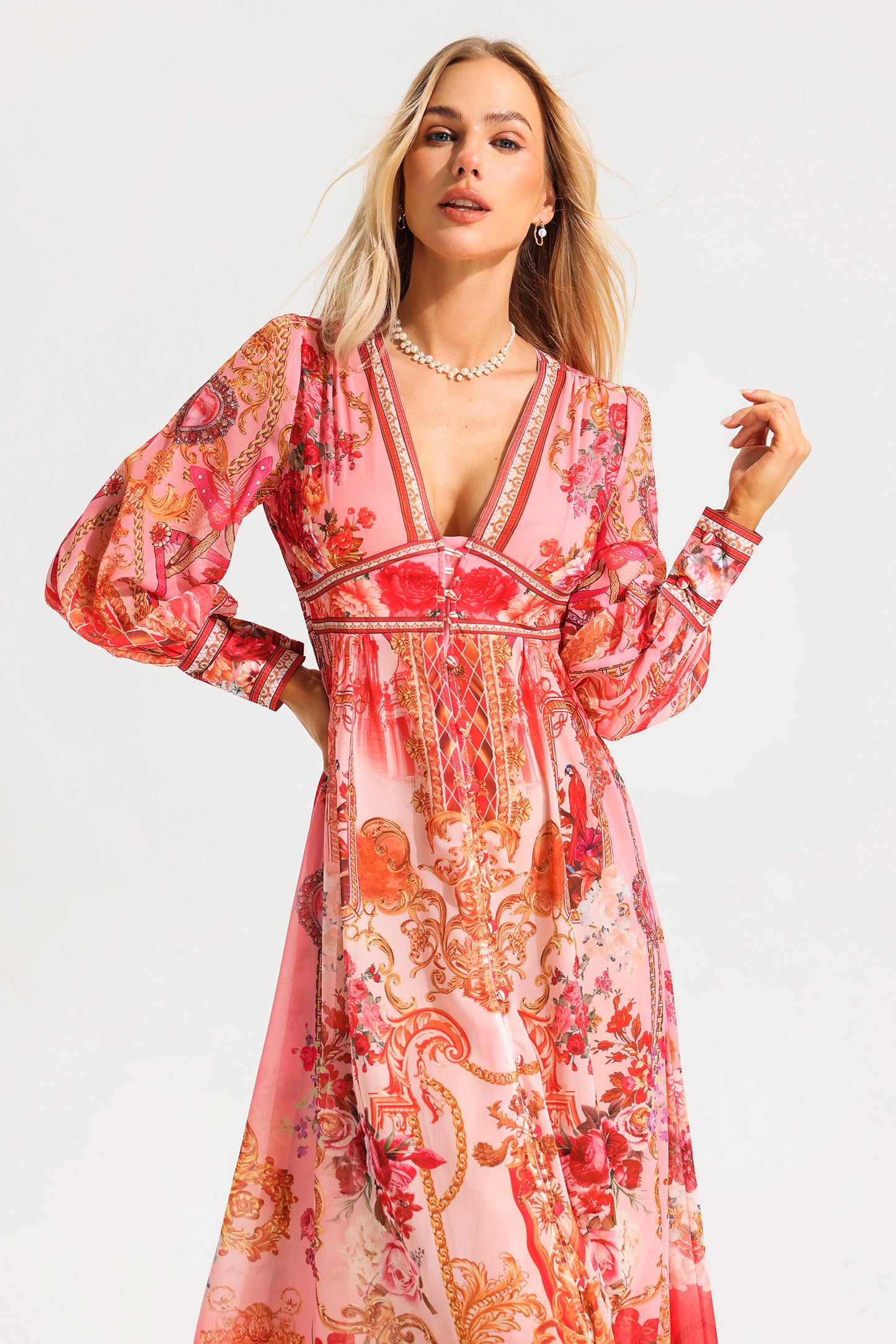 Paisley Print V-Neck Lantern Sleeve Midi Dress