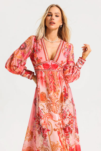 Paisley Print V-Neck Lantern Sleeve Midi Dress