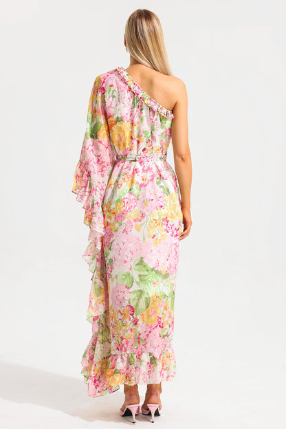 Vestido midi asimétrico de un solo hombro con volantes florales 