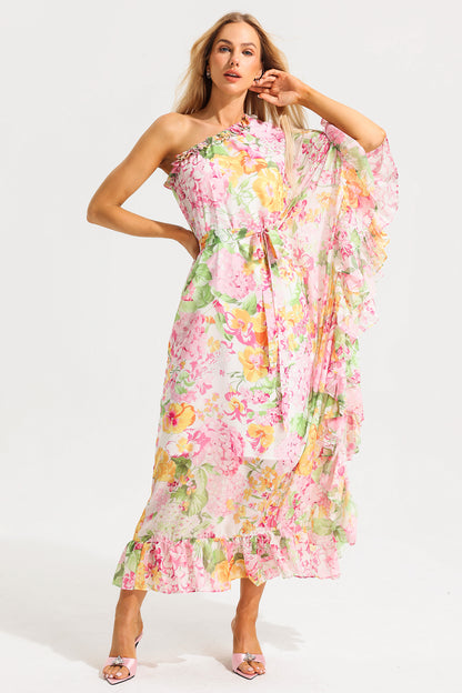 Vestido midi asimétrico de un solo hombro con volantes florales 
