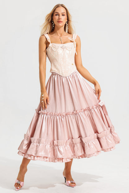 Mid Waist Solid Ruffle Midi Skirt