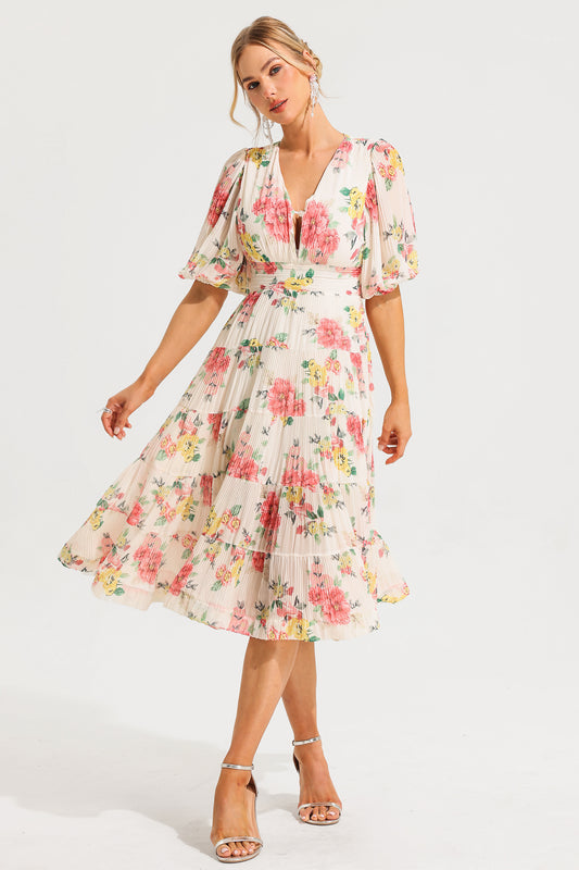 Vestido midi plisado con mangas abullonadas y estampado floral 