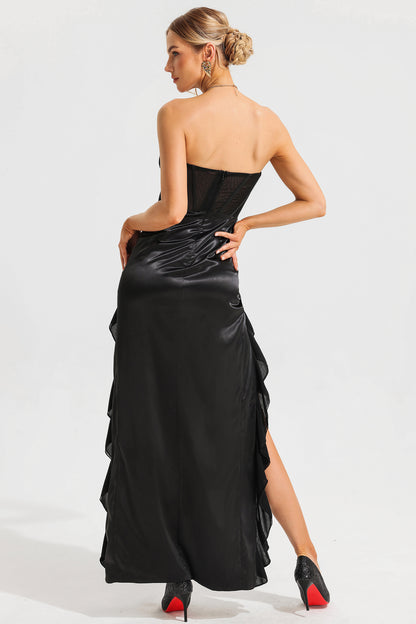 Vestido largo con abertura y encaje satinado con flores 3D 