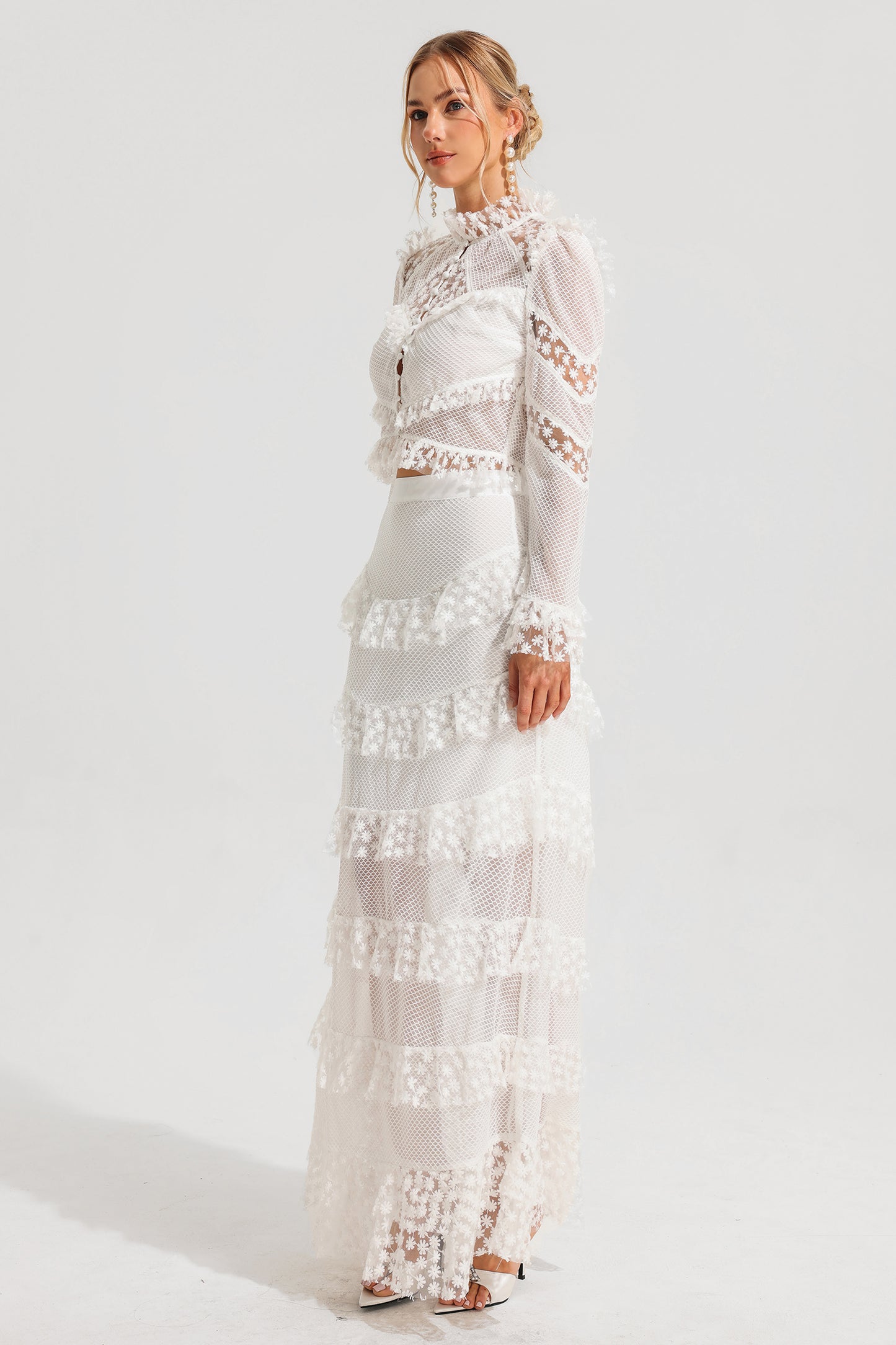 Embroidered Ball Sleeve Top & Ruffle Mid Waist Maxi Skirt Set