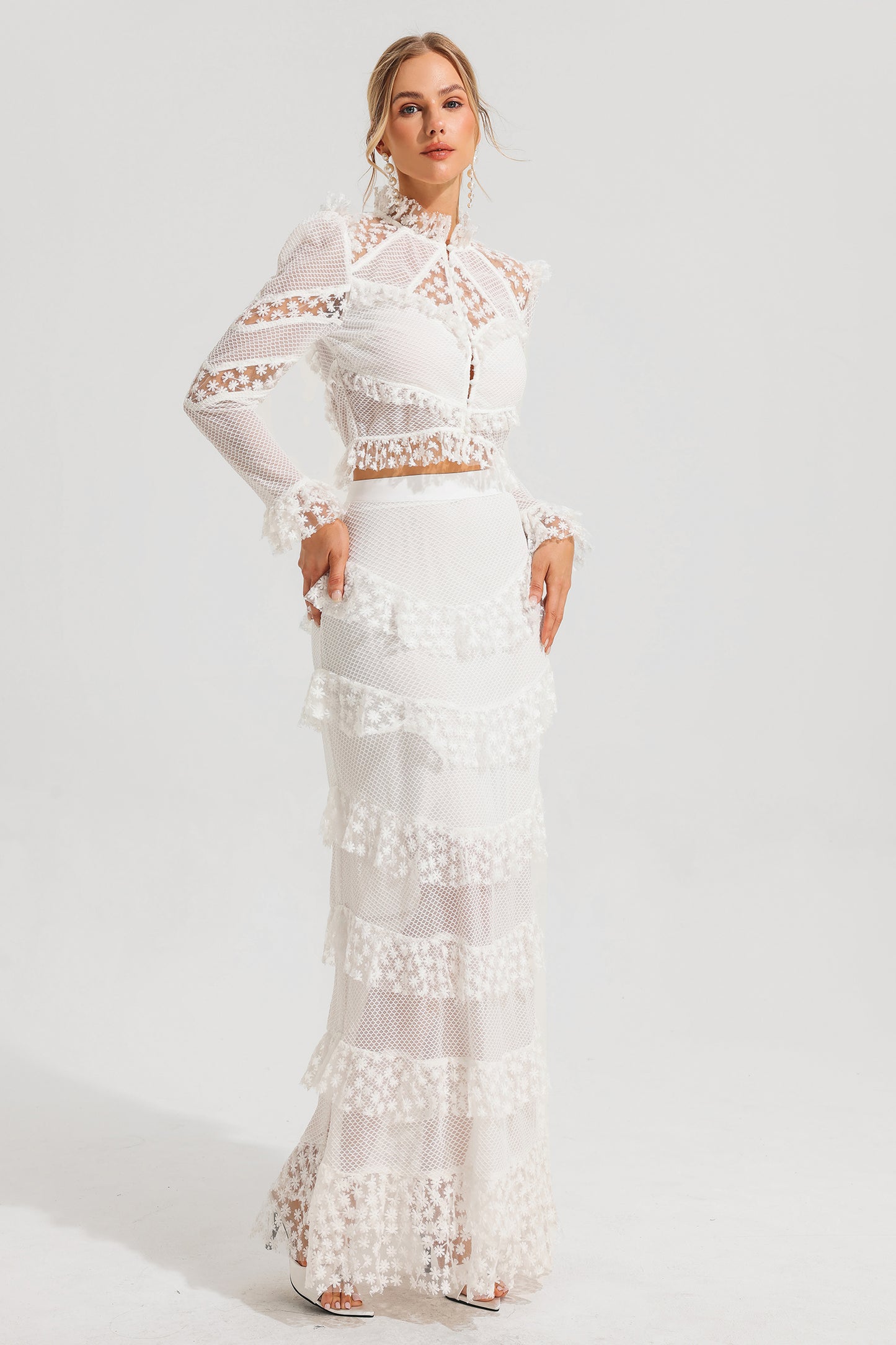 Embroidered Ball Sleeve Top & Ruffle Mid Waist Maxi Skirt Set