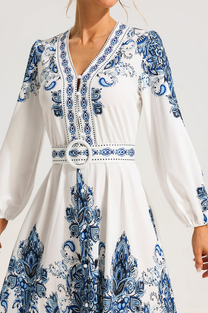 Vestido midi de manga larga con estampado de cachemira y botonadura sencilla con cinturón