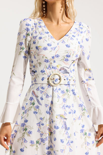 Floral V-Neck Long Sleeve Midi Dress With Belt