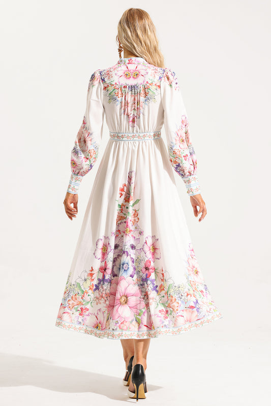 Vestido midi de manga larga con botones y volantes