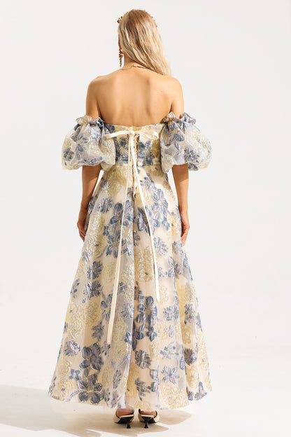 Vestido midi de jacquard con hombros descubiertos