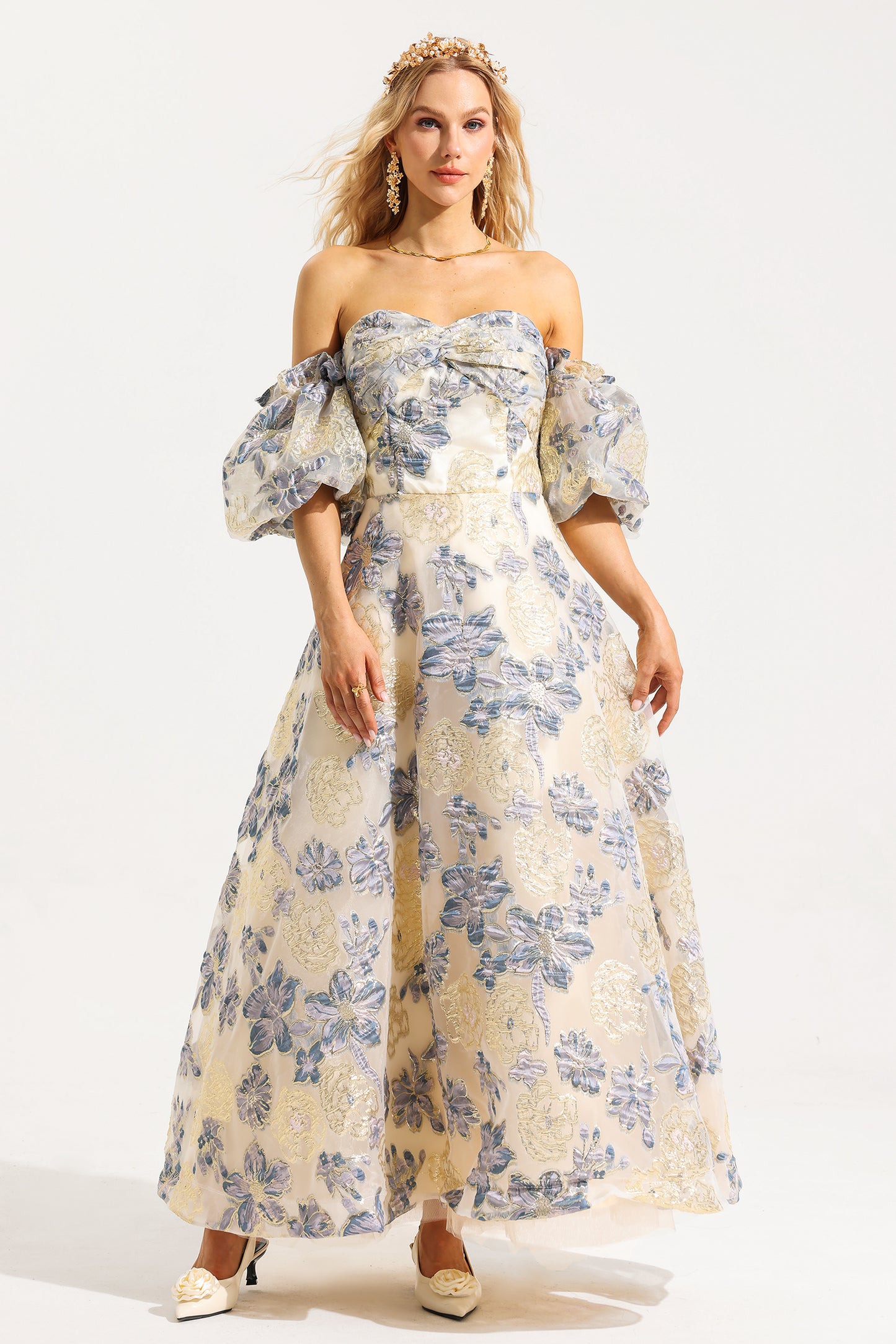 Vestido midi de jacquard con hombros descubiertos