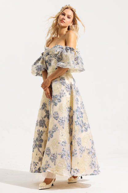 Vestido midi de jacquard con hombros descubiertos