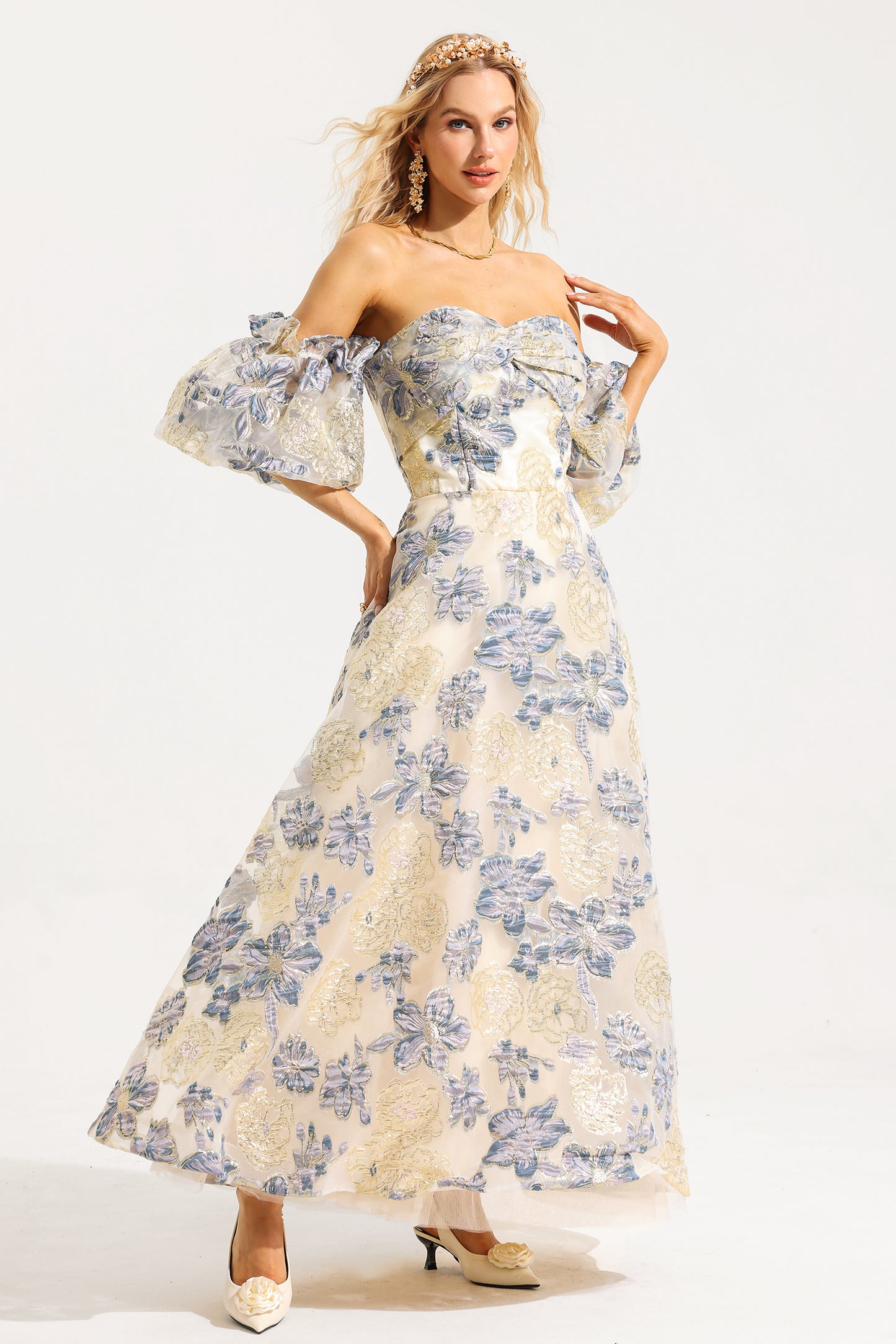Vestido midi de jacquard con hombros descubiertos