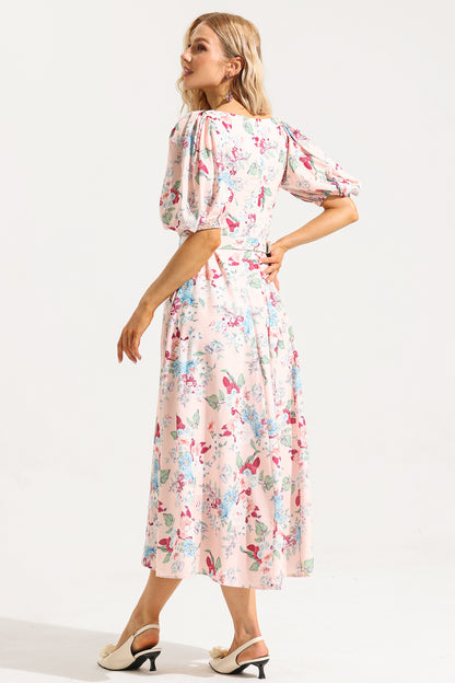 Vestido midi floral con escote en V, mangas abullonadas y cinturón 