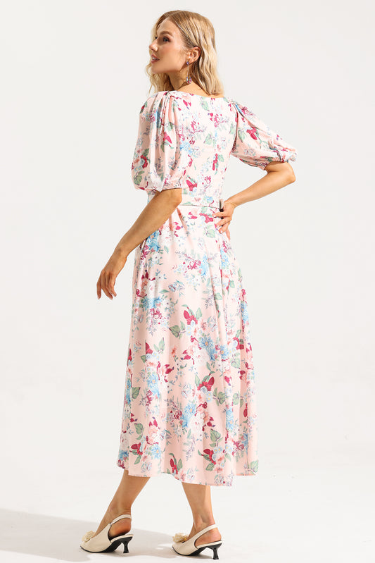 Floral V-Neck Puff Sleeve Midi Dress With Belt