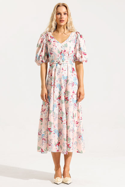 Vestido midi floral con escote en V, mangas abullonadas y cinturón 