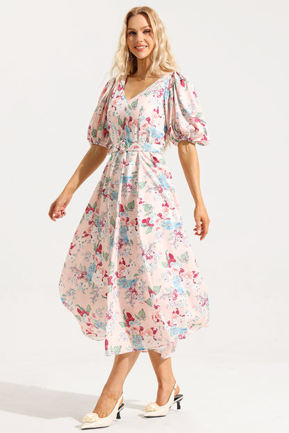 Vestido midi floral con escote en V, mangas abullonadas y cinturón 