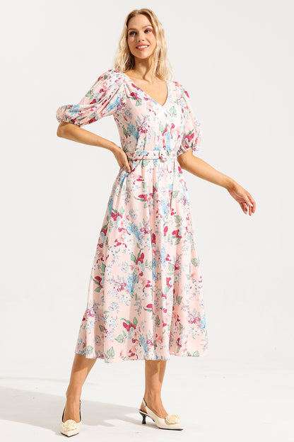 Vestido midi floral con escote en V, mangas abullonadas y cinturón 