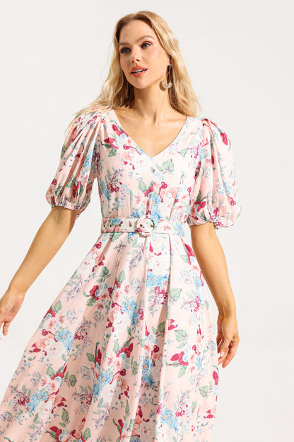 Vestido midi floral con escote en V, mangas abullonadas y cinturón 