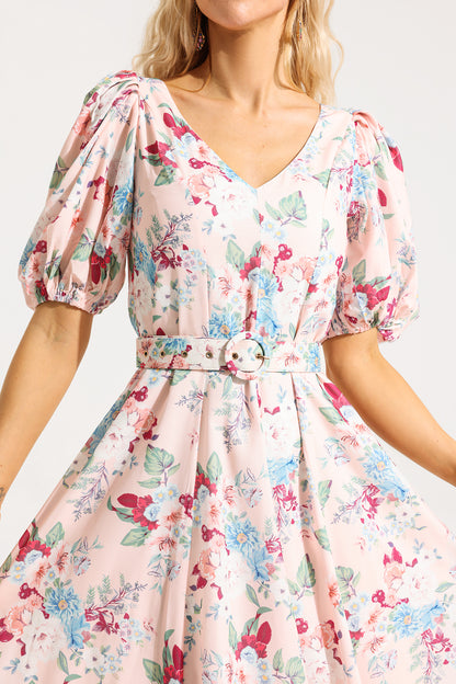 Vestido midi floral con escote en V, mangas abullonadas y cinturón 