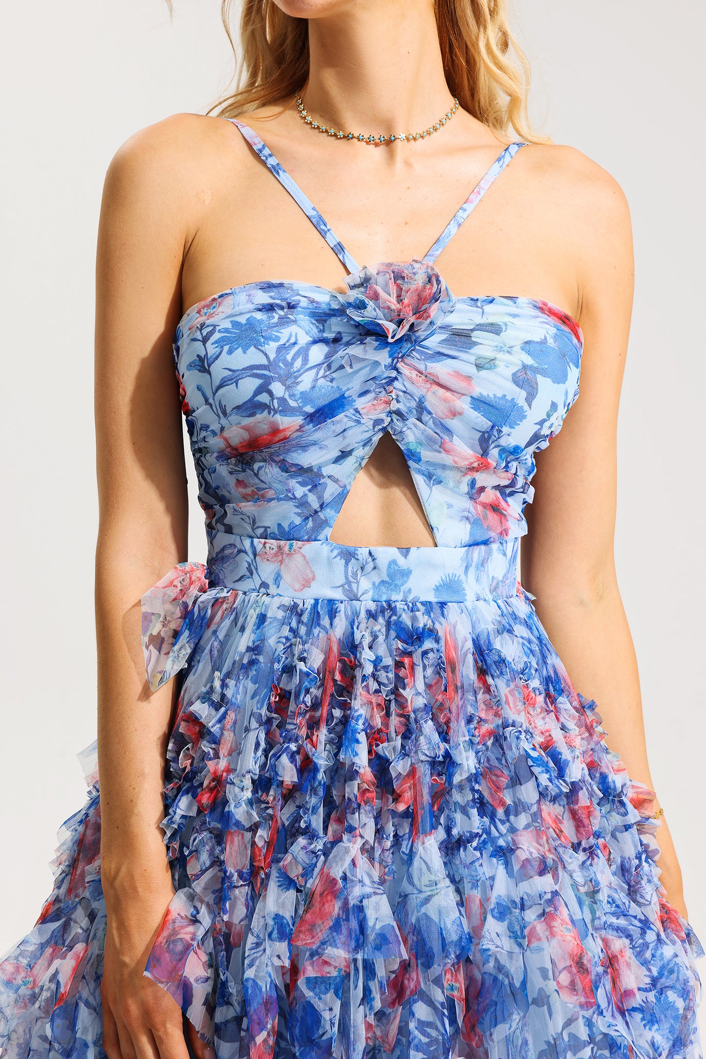 3D Floral Halter Neck Frill Maxi Dress