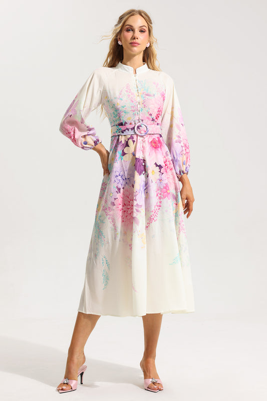 Vestido midi con mangas abullonadas y cinturón con estampado floral en la parte inferior 