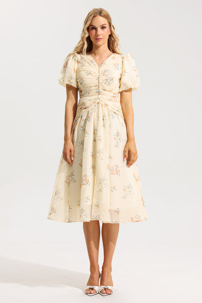 Vestido midi de manga corta con escote en V y estampado floral 