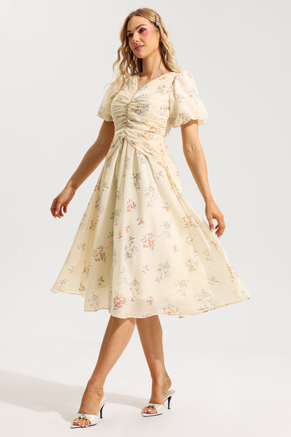 Vestido midi de manga corta con escote en V y estampado floral 