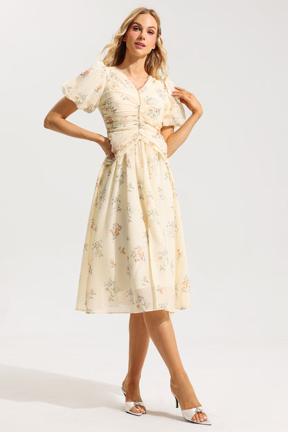 Vestido midi de manga corta con escote en V y estampado floral 