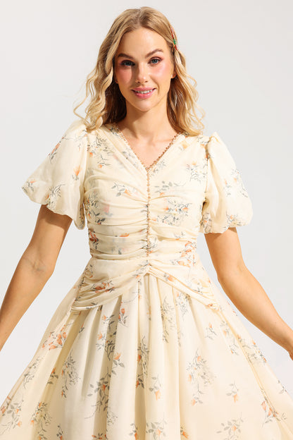 Vestido midi de manga corta con escote en V y estampado floral 