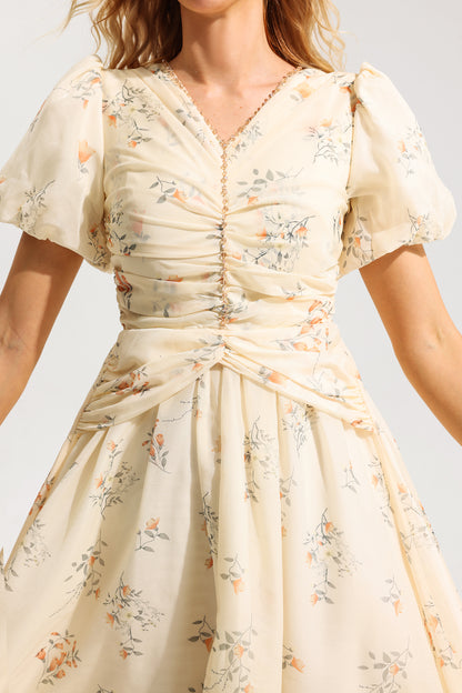 Vestido midi de manga corta con escote en V y estampado floral 