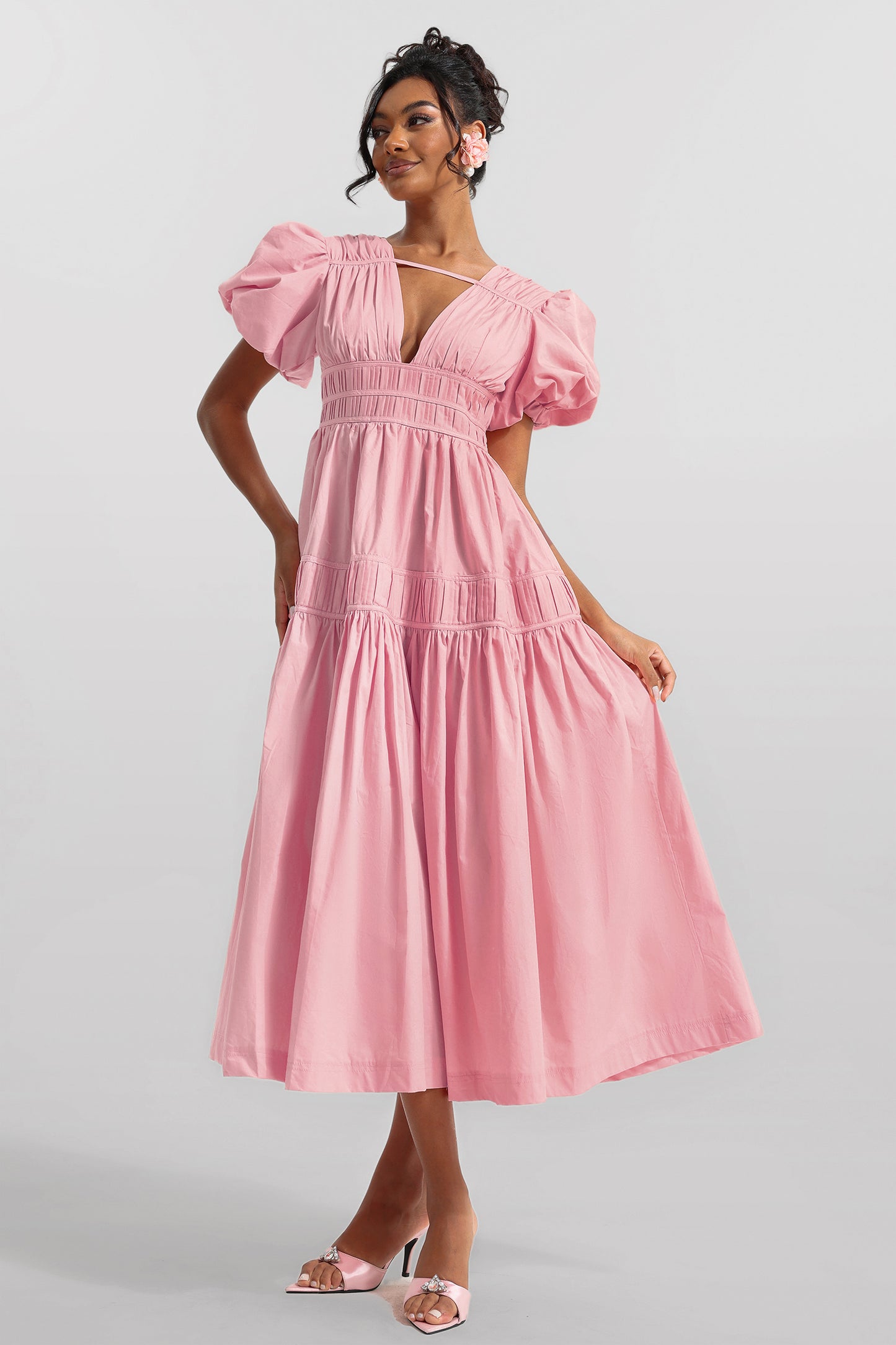 Vestido midi liso con escote en V y mangas abullonadas 