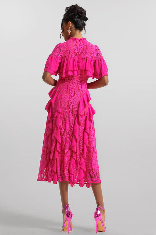 Vestido midi de encaje liso con volantes 