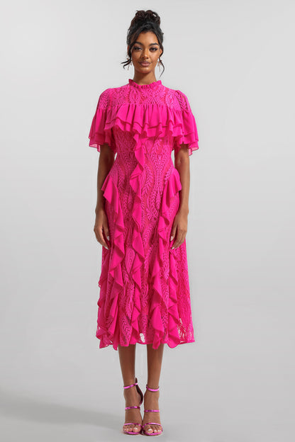 Vestido midi de encaje liso con volantes 