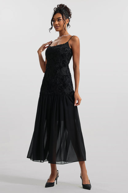Vestido midi sin mangas liso con estampado floral 3D 