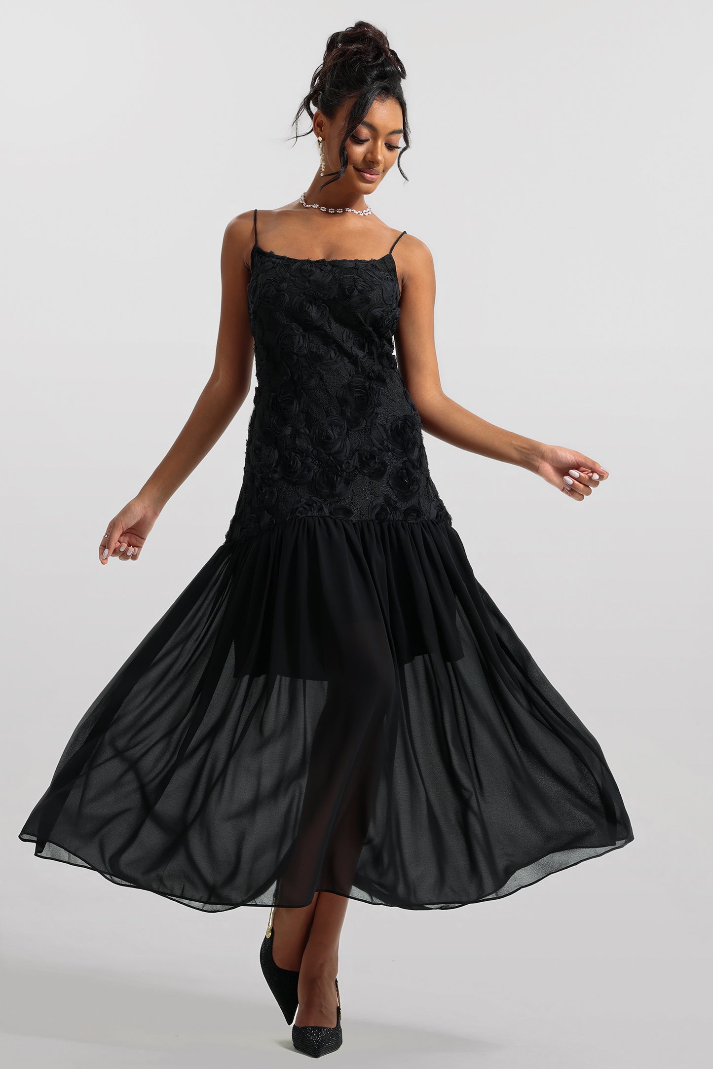 Vestido midi sin mangas liso con estampado floral 3D 