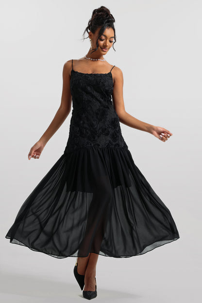 Vestido midi sin mangas liso con estampado floral 3D 