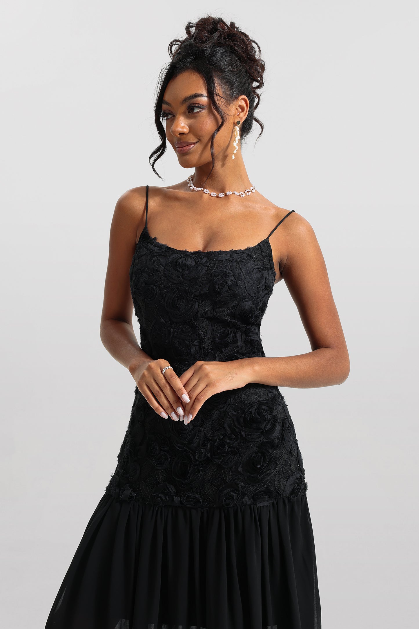 Vestido midi sin mangas liso con estampado floral 3D 