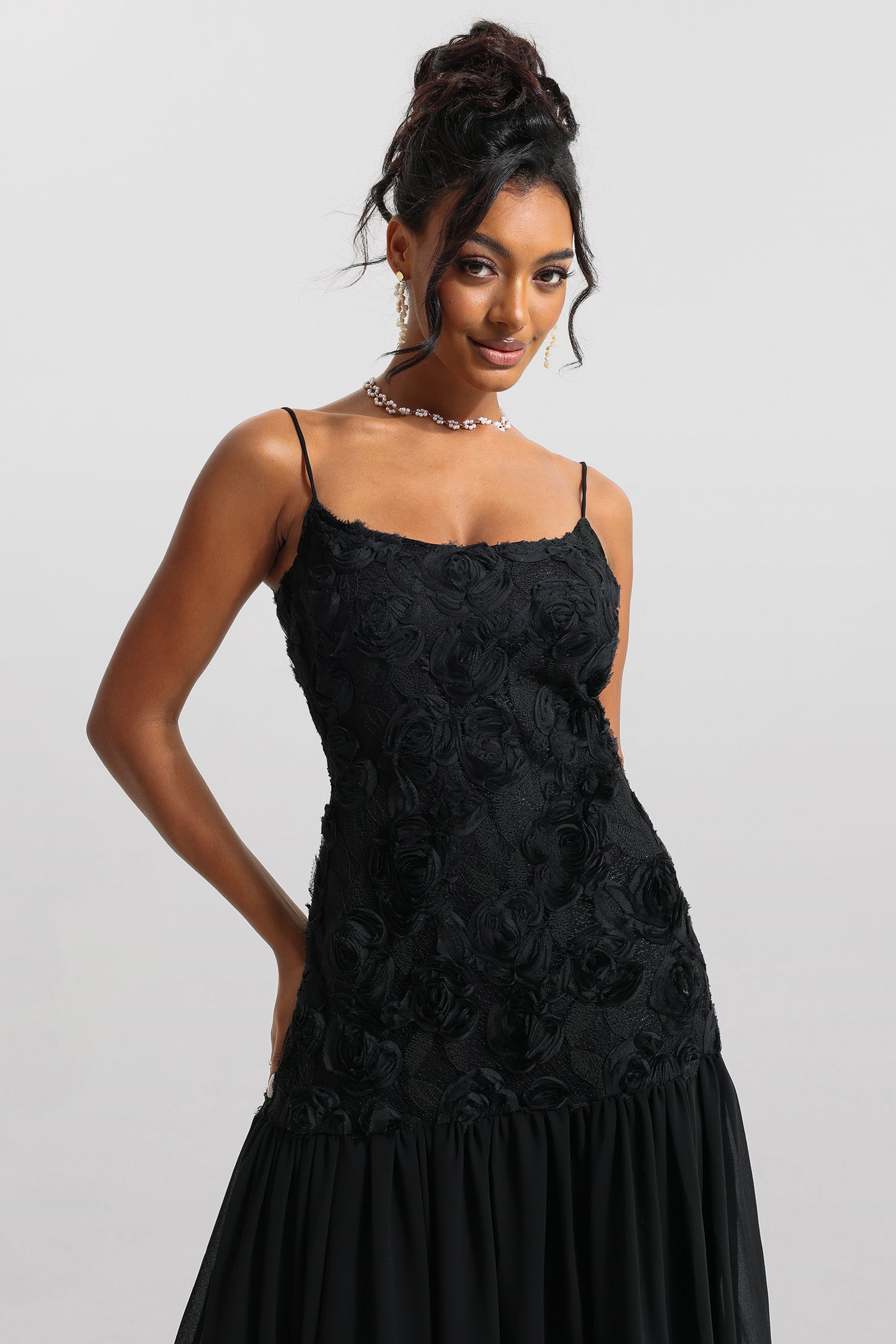 Vestido midi sin mangas liso con estampado floral 3D 