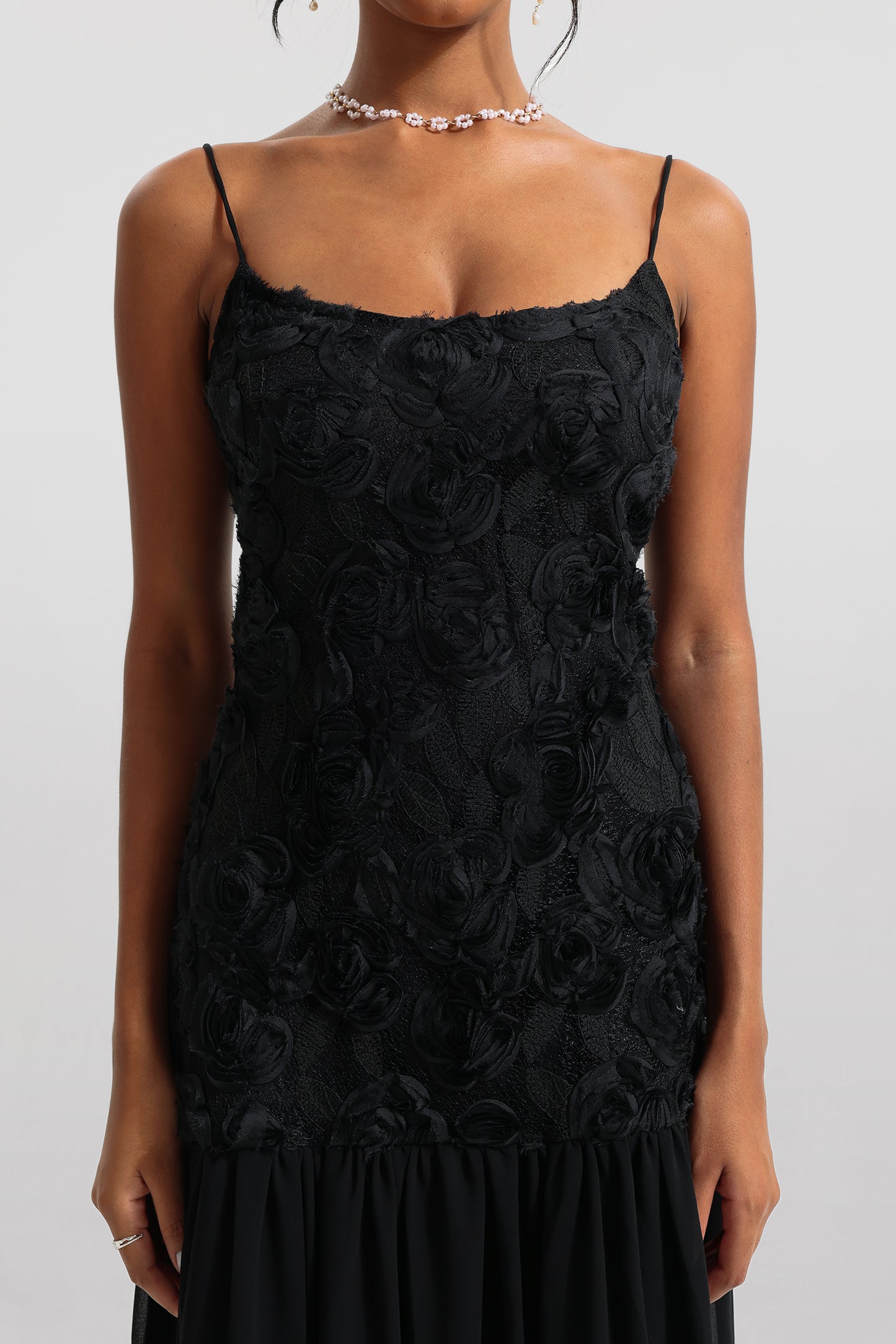 Vestido midi sin mangas liso con estampado floral 3D 